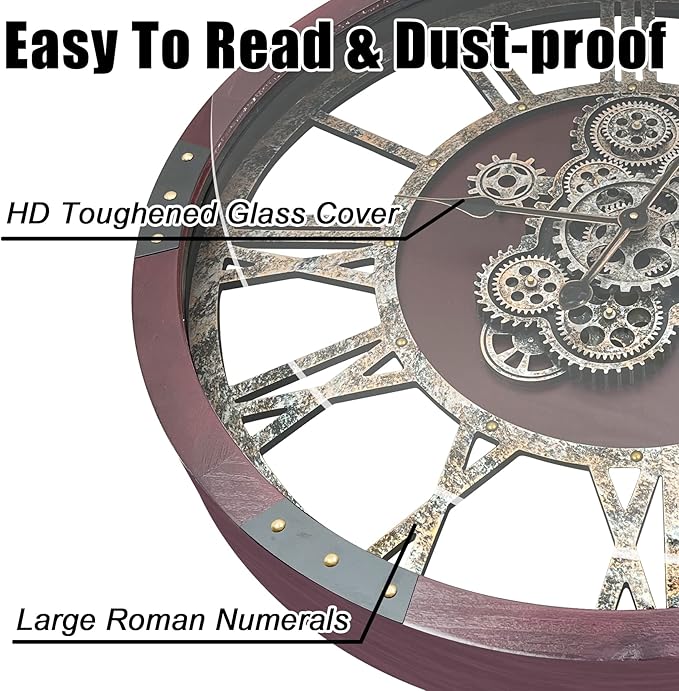 DORBOKER 30" Original Moving Gears Wall Clock, Large Industrial Wall Clock for Living Room Decor, Retro Wood Vintage Farmhouse Steampunk Rustic Clocks for Wall Decor,Cherry Red