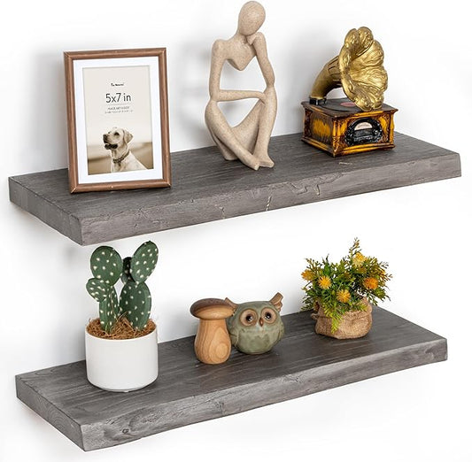 Floating Shelves for Wall, 24"x9.3" Rustic Solid Live-Edge Elm Wood Wall Shelves, Heavy-Duty Floating Shelves with Invisible Brackets, Set of 2 for Living Room, Bedroom, and Kitchen, Grey Finish