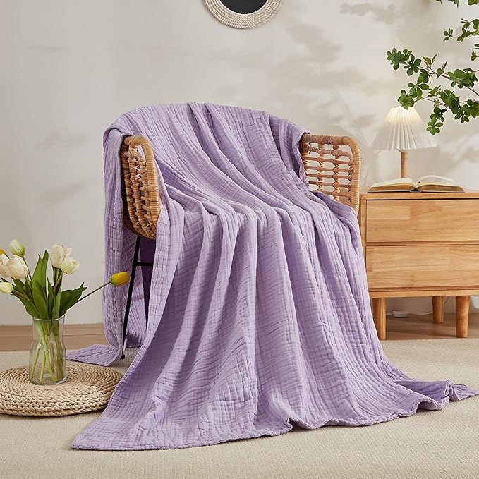 EMME Cotton Blanket Queen Size for Bed Soft Large Muslin Bed Blankets 80"x90" Lightweight Breathable All Season Gauze, Lavender