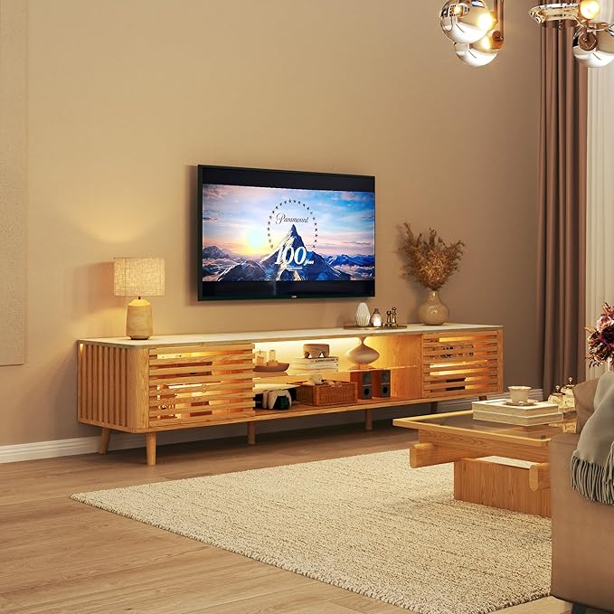 70" Mid Century Modern TV Stand for 55/65/75 Inch TV, Faux Marble Top Entertainment Center with Slatied Sliding Door & LED Lights, Low TV Console with Glass Shelves for Bedroom, Living Room