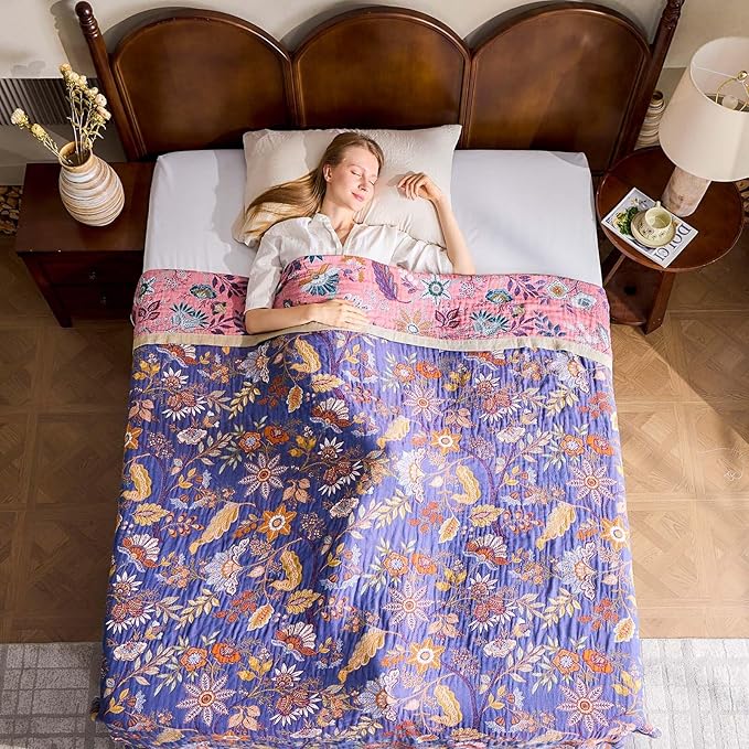 Boho Blanket, 100% Cotton Farmhouse Decorative Throw Blanket, 60"x80" Reversible Bohemian Throw Blanket, Purple All Season Muslin Breathable Woven Blankets Quilt