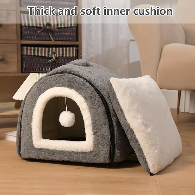 Cat Bed for Indoor Cats，Foldable cat cave，Anti-Slip & Water-Resistant Bottom，cat Houses for Indoor Cats or Small Dogs, Kitten Tent, Rabbit Bed，2 in 1 pet Bed (Dark Grey)