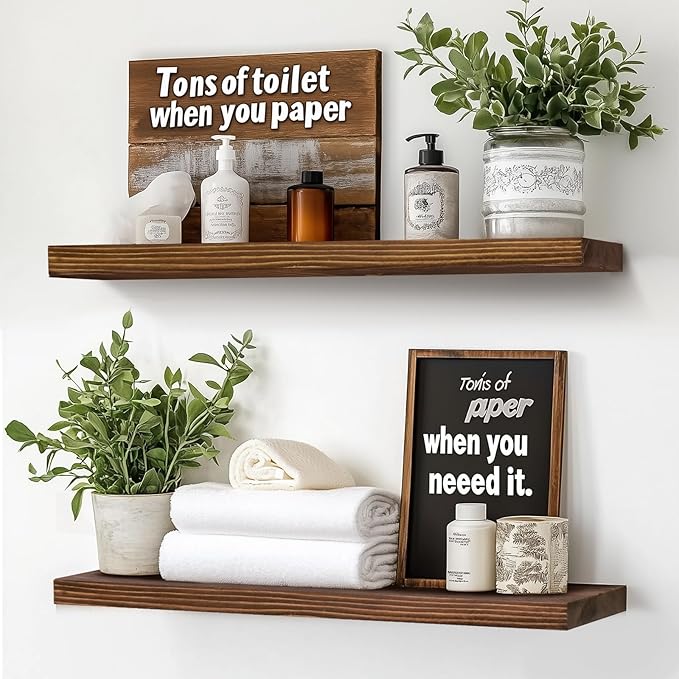 24"x6.8"x1.2" Solid Wood Floating Shelves 2-Pack - Rustic Brown Finish with Hidden Brackets, Perfect for Storage and Décor in Living Room, Kitchen, Bedroom