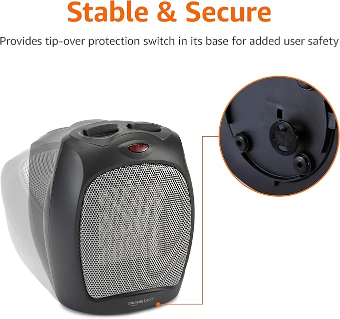 Amazon Basics Ceramic Space Heater, Portable Indoor Heating Solution, With Overheat and Tip-Over Protection, Thermostat, Non-Oscillating, 1500W, 7.52"D x 6.34"W x 9.45"H, Black