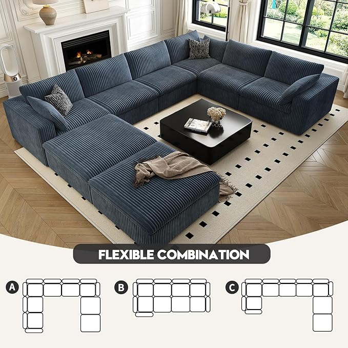 157.5" Cloud Couch Oversized Modular Sectional Sofa for Living Room,Modern Sofa with Deep Seat，8 Seater Boneless Couch with 2 Ottoman,Comfy Upholstered Couches for Apartment, Studio, Office,Blue