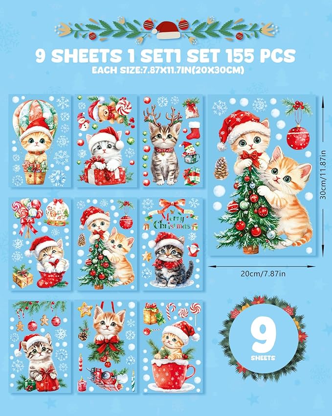 Christmas Window Clings Decorations - Cute Funny Double-Sided Static Stickers for Glass Windows and Doors, Perfect Decorations, with Cat Kitten Pattern, Reusable 9 Sheets