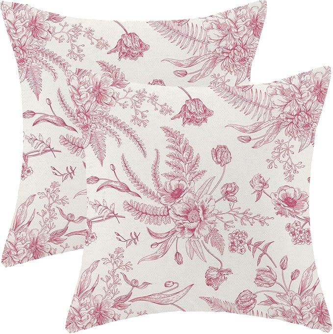 CXMEIFLY Hot Pink Spring Pillow Covers 16 x 16 Inch Set of 2 for Chinoiserie Flowers Decor Throw Pillows Floral Leaves Seasonal Plant Outdoor Decorative Cushion Cases for Couch Bed Decorations