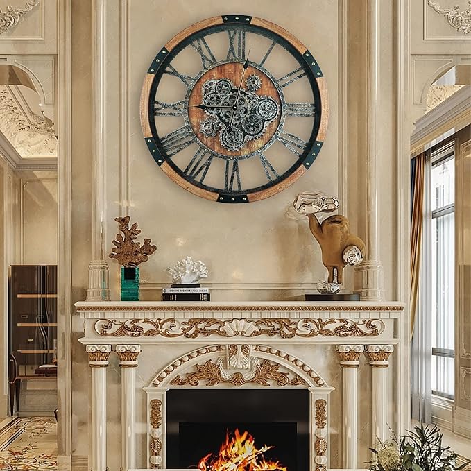 27 Inch Moving Gear Wall Clock, Oversized Wall Clocks, Clock Living Room Decor, Solid Wood Frame, Battery Operated, Large Wall Clock with Steampunk Industrial for Fireplace(Brown)