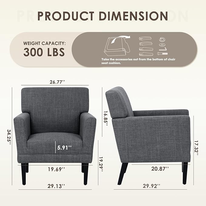 COLAMY Modern Accent Chair for Living Room, Upholstered Fabric Accent Armchair with Back, Soft Single Sofa Chair with Arms for Bedroom/Office/Reception Room, Dark Grey
