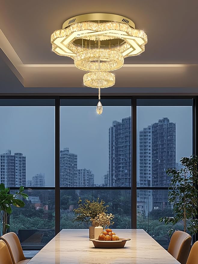 Flashing God Modern Crystal Chandeliers Dia 24" Gold Chandelier Flush Mount Ceiling Light for Bedroom Living Room Dining Room Hallway Dimmable 3 Rings LED Celing Lighting Fixtures