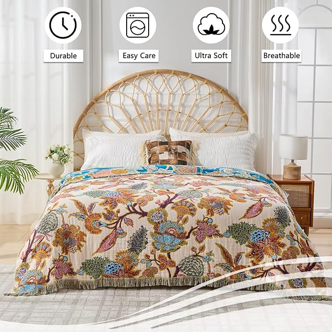 100% Cotton Summer Boho Throw Blanket, King Size Living Room Reversible Blanket, Boho Floral Bird Colorful Retro Quilt Ultra Soft Reversible Gauze Blanket for All Season, 90"x98"