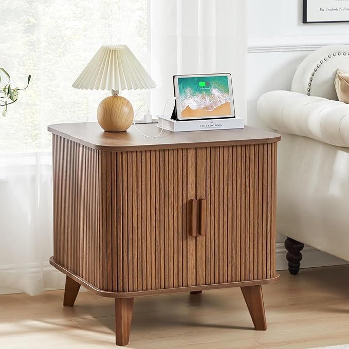 Farmhouse Square End Table with Charging Station, 24" Large Fluted Sofa Side Table with Sliding Tambour Door and Storage, Rustic Curved Wood Nightstand for Living Room, Bedroom, Walnut