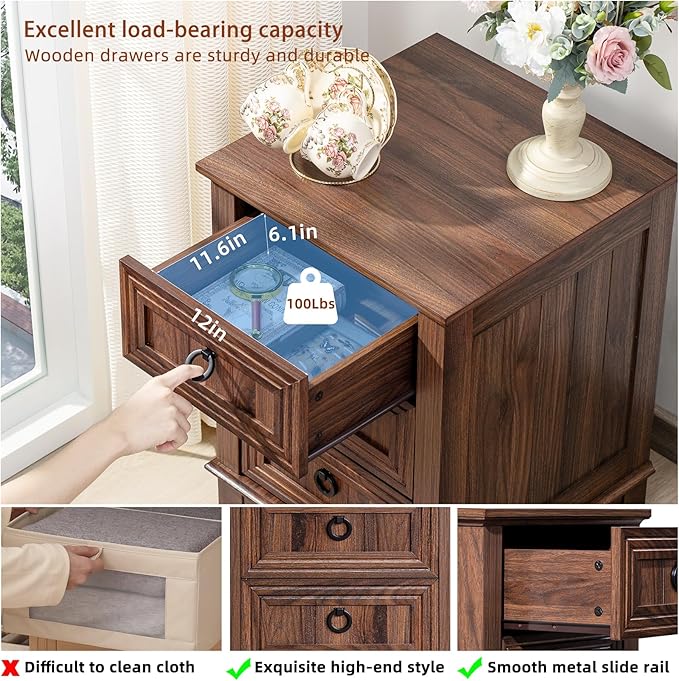 Farmhouse Night Stand Set of 2, 18" End Table with 3 Drawer Metal Handle, Dresser for Bedroom, Sofa Bed Side Table Chest of Drawers,Wood Nightstand Cabinet for Organizer, Living Room-Brown