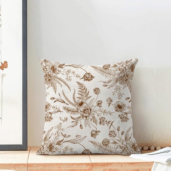 CXMEIFLY Spring Floral Leaves Pillow Covers 22 x 22 Inch Set of 2 for Chinoiserie Flowers Decor Throw Pillows Brown and White Seasonal Plant Outdoor Decorative Cushion Cases for Couch Bed Decorations