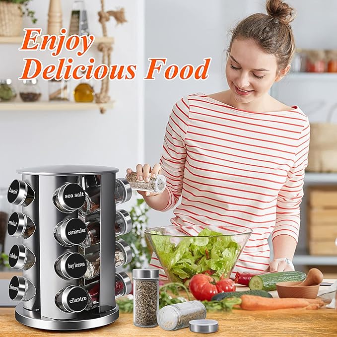 DOUBLE 2 C Revolving Countertop Spice Rack Stainless Steel Seasoning Storage Organization,Spice Carousel Tower for Kitchen Set of 16 Jars (16Jars)