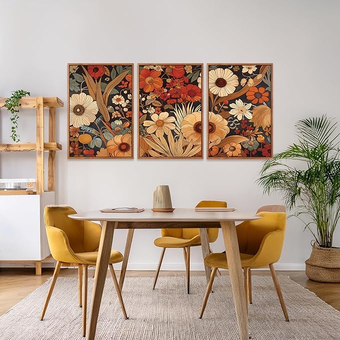 Aurlan Boho Burnt Orange Terracotta Wildflowers Framed Wall Art(24"x36"), 3 PCS Abstract Floral 3D Textured Canvas Artwork, Large Modern Vintage Botanical Nature Art Wall Decor for Home Office Living Room Bedroom