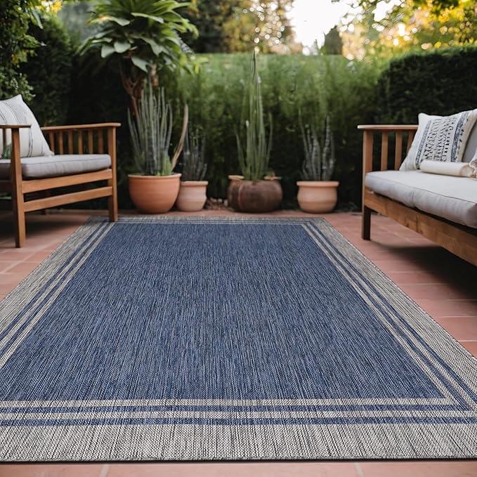 Bordered Outdoor Rug 6x9 Washable Outside Carpet for Indoor Patio Porch Waterproof Easy Cleaning Non Shedding Area Rugs Navy 6 x 9