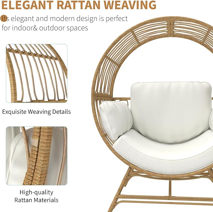 Egg Chair Outdoor Indoor, Oversized Rattan Chair with Thicken Cushion, 350LBS Capacity Wicker Patio Lounge Chair, Basket Chair for Living Room Balcony Porch Backyard, Beige