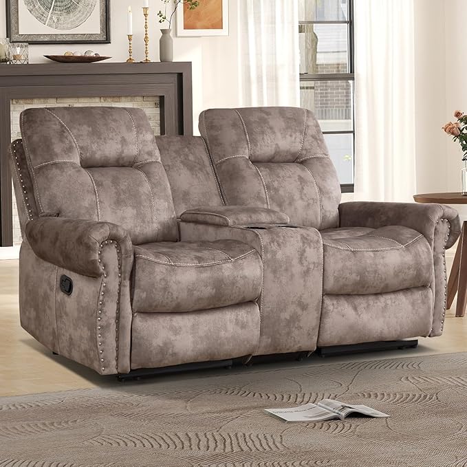 EBELLO Manual Recliner Loveseat Sofa, 2 Seater Reclining Couch Chair with Center Console, Hidden Storage and Cup Holders, Vintage Rivet Mid-Century Design for Living Room, Meeting Room, Brown