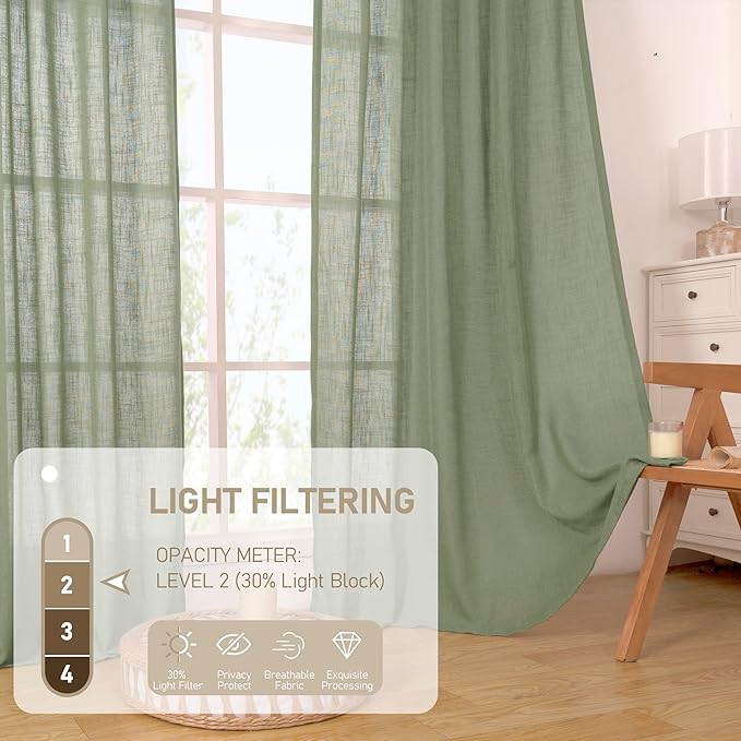 LAMIT Linen Curtians for Living Room 80 Inch Length, Bronze Grommet Light Filtering Semi Sheer Neutral Lightweight Rustic Farmhouse Boho Drapes for Bedroom, 2 Panels, Sage Green, 34 x 80 Inch