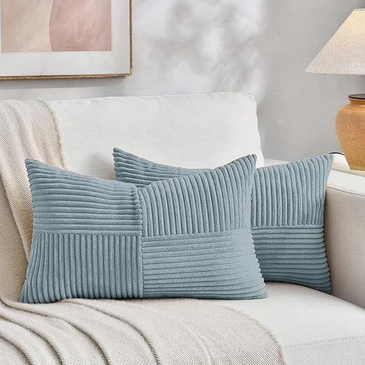 Fancy Homi Set of 2 Light Blue Lumbar Decorative Throw Pillow Covers 12x20 Inch for Living Room Bedroom Couch Bed Sofa, Soft Striped Corduroy Coastal Blue Rectangle Accent Cushion Case 30x50 cm