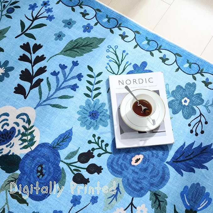 Door Mat Indoor Entrance 2x3 Rug Machine Washable Boho Floral Small Area Rug Non-Slip Low Pile Throw Rugs for Entryway, Kitchen, Front Door Indoor Entrance, Entry, Kids Room (Blue)