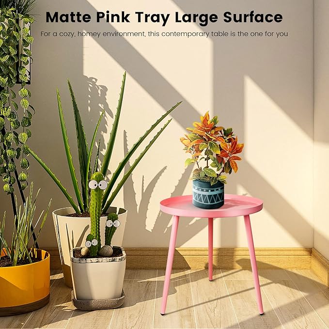 AOJEZOR Side Table: End Table for Any Room - Round Side Tables for Small Spaces - Pink with 3 Legged