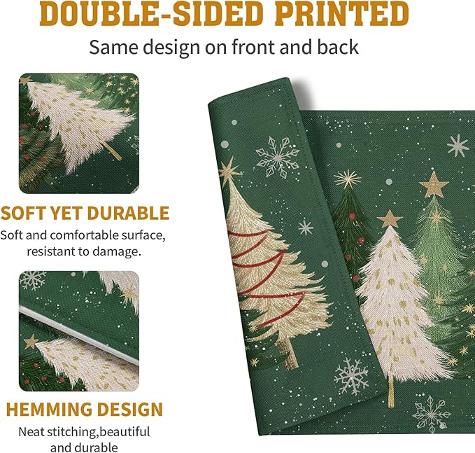 Green Christmas Tree Placemats Set of 4, 12x18 Inch Xmas Trees Snowflakes Winter Holiday Place Mats Seasonal Washable Linen Table Mats for Indoor Outdoor Kitchen Dining Party Décor