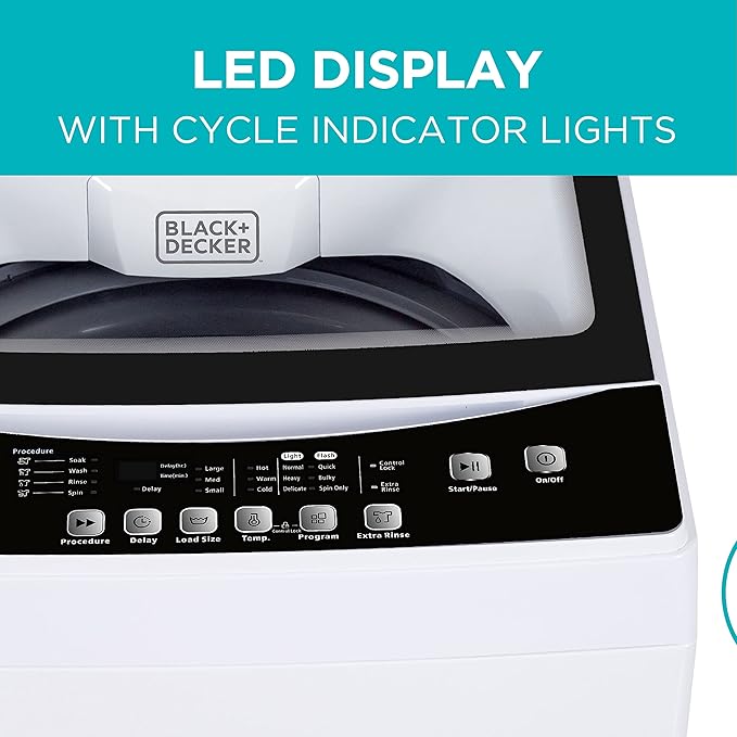 BLACK+DECKER 3.0 Cu. Ft. Portable Washer, 26.5 lb. Capacity Washing Machine, 6 Cycles, Quick Connect Sink Adapter and Drain Hose Included, Transparent Lid & LED Display, BPW30MW, White