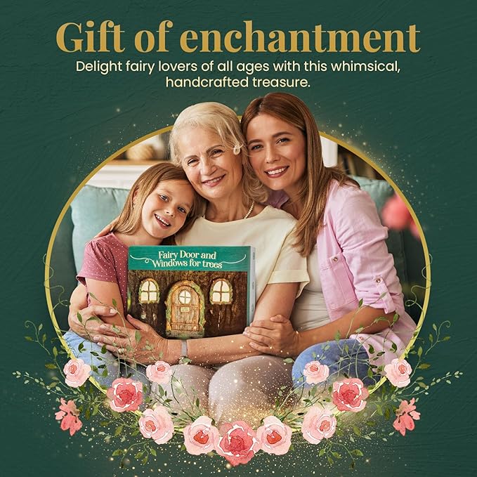 Fairy Door and Windows – Glow in The Dark Yard Art Sculpture Decoration for Kids Room, Wall and Trees Outdoor | Miniature Garden Outdoor Decor Accessories with Bonus Fairy Lantern