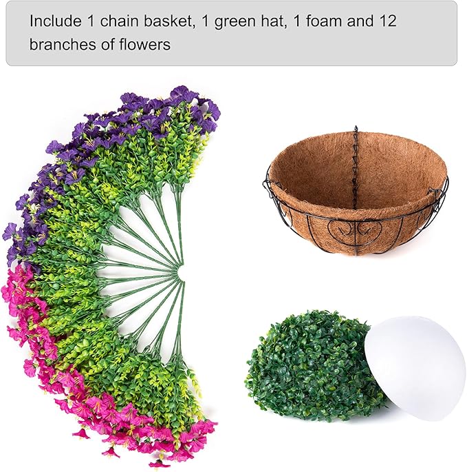 Artificial Faux Hanging Flowers Plants Basket for Spring Summer Outdoors Decoration, Silk Morning Glory with Eucalyptus Look Real UV Resistant Fake Flowers for Outside Porch Patio Balcony Home, Mix