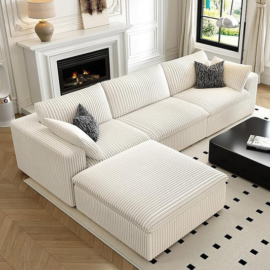 118" Cloud Couch Modular Sectional Sofa for Living Room,Modern Sofa with Deep Seat，L-Shape Boneless Couch with Ottoman,Comfy Upholstered Corduroy Couches for Apartment, Studio, Office,Bedroom，White