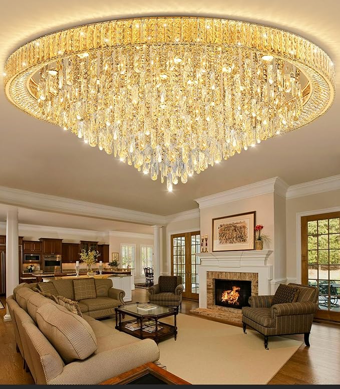 53.7'' Modern Crystal Big Large Chandeliers LED Dimmable Flush Mount Ceiling Chandeliers for Living Room High Ceiling Entrance Foyer Lobby Bedroom Gold