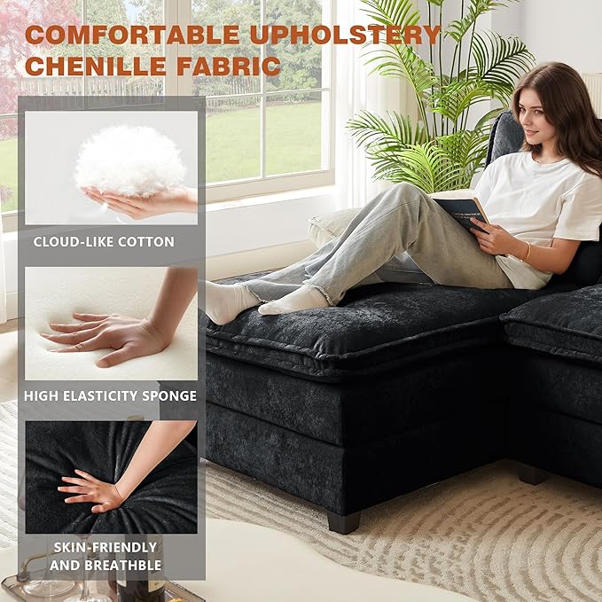 113" Oversized Cloud Couch, U Shape Sectional 4 Seat Sofa with Double Chaises, 2 Layer Cusions, Deep Seat Comfy Sofa, Upholstery Chenille Fabric for Living Room, Black
