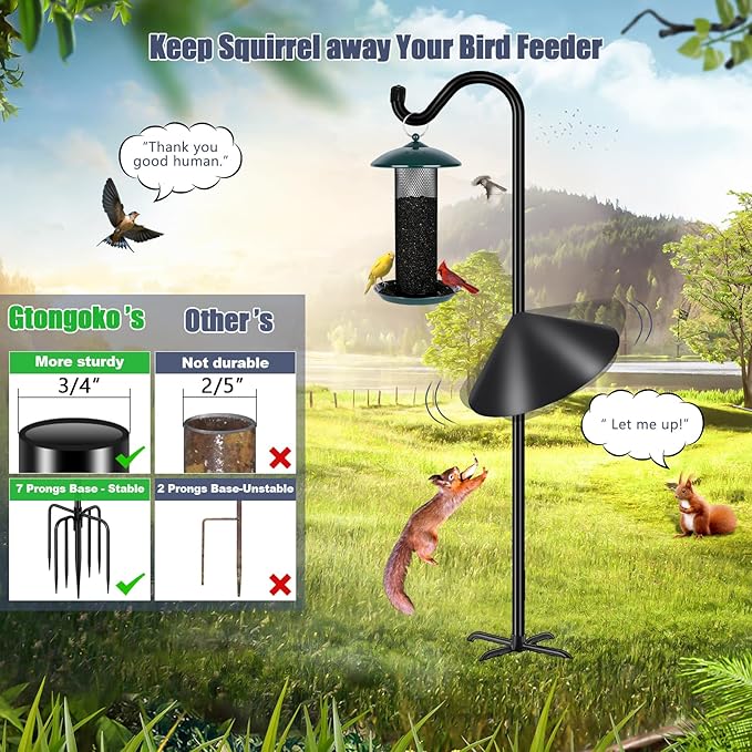 Gtongoko Bird Feeder Pole Squirrel Proof 92 Inch Shepherds Hook for Outdoor with Squirrel Baffles Adjustable Heavy Duty with 7 Prongs Base for Hanging Plants, Bird Feeders, Black