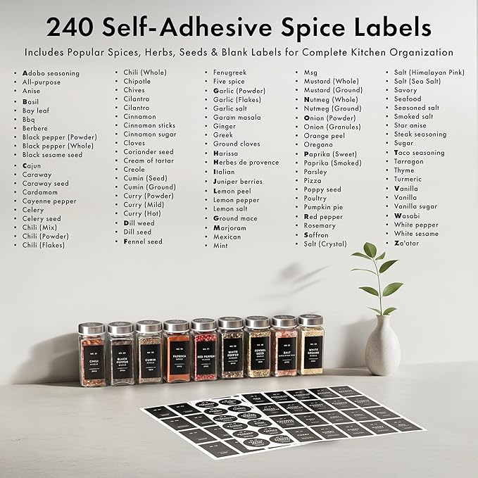Glass Spice Jars with Labels and Steel Lids (24 x 4oz) Spice Containers with 240 Label, Steel Funnel, Shaker Inserts, Empty Square Seasoning Organizer for Spice Rack, Cabinet, Drawer