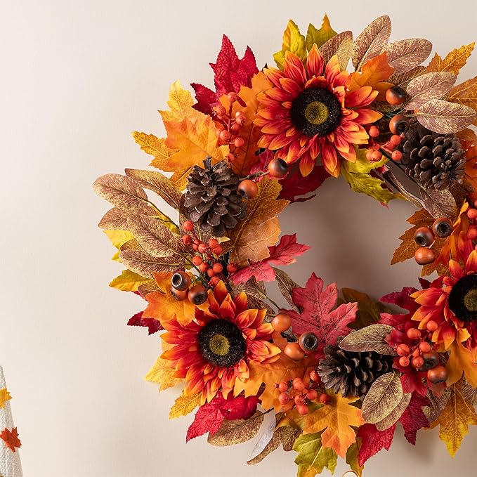 Glitzhome 24''D Fall Wreath with Hanger, Artificial Autumn Wreath for Front Door with Sunflower, Pinecone and Berry, Harvest Wreaths Decor for Indoor Outdoor Holiday Decoration
