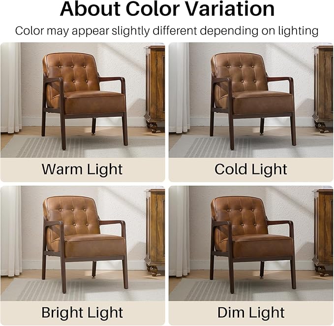 Faux Leather Accent Chair, Mid Century Modern Chair for Living Room, Upholstered Comfy Lounge Armchair with Solid Wood Frame, Reading Side Chair for Bedroom,105°Ergonomic Comfort, Brown