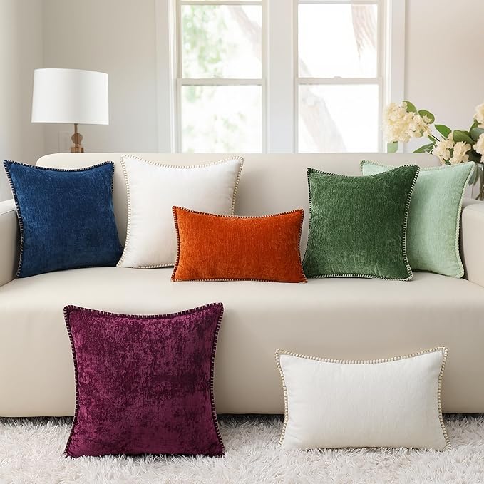 decorUhome Fall Chenille Soft Throw Pillow Covers 26x26 Set of 2, Farmhouse Velvet Neutral Decorative Euro Pillow Covers with Stitched Edge for Couch Sofa Bed Home Decor, Rust