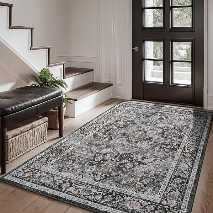 AMOAMI-3X5 Area Rug-Soft Washable Rugs for Living Room Bedroom -Non Slip Entryway Rug-Indoor Vintage Throw Rug Accent Rug for Living Room Laundry Room Kitchen Bathroom Bedside Dark Grey & Black