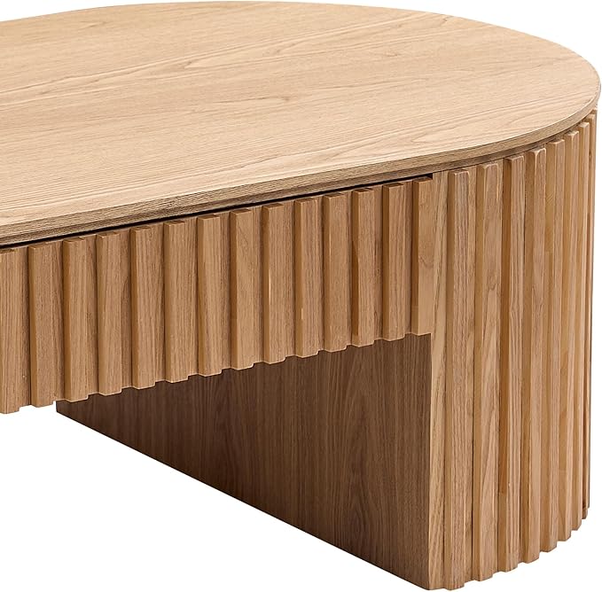 51.18'' Oval Coffee Table for Living Room Fluted Center Table with Drawer, Mid Century Modern Coffee Tables, Easy Assembly for Office Storage Tea Table Oak