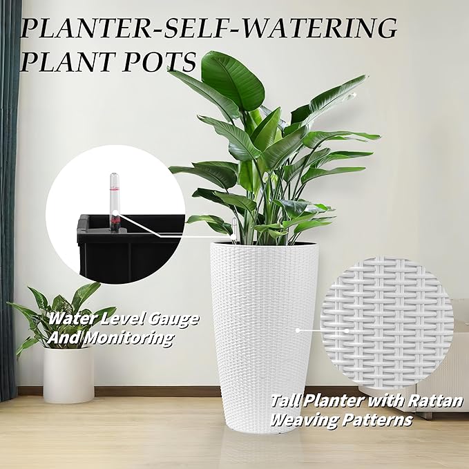 2Pack 22" High Modern Plant Pots Planter-Self-Watering Indoor/Outdoor Planting with Drain Holes, Water Level Monitor, Inner Bucket for Front Porch Patio, White Rattan Conical