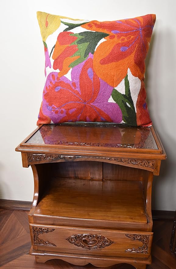 Floral Bloom Pillow Cover | Suzani Accent Pillowcase | Flower Accent Cushions | Hand Embroidered Wool Cushion - 18x18
