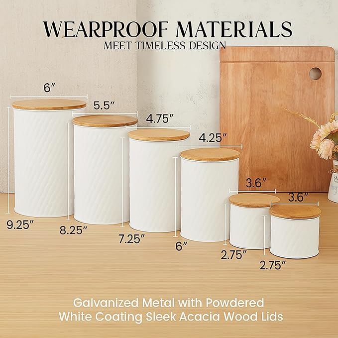 6 Canister Set for the Kitchen Countertop – Metal Food Storage Canisters with Airtight Lids for Flour, Tea, Crafts, Coffee, & Sugar – Container Set with Modern Wood Lids, White