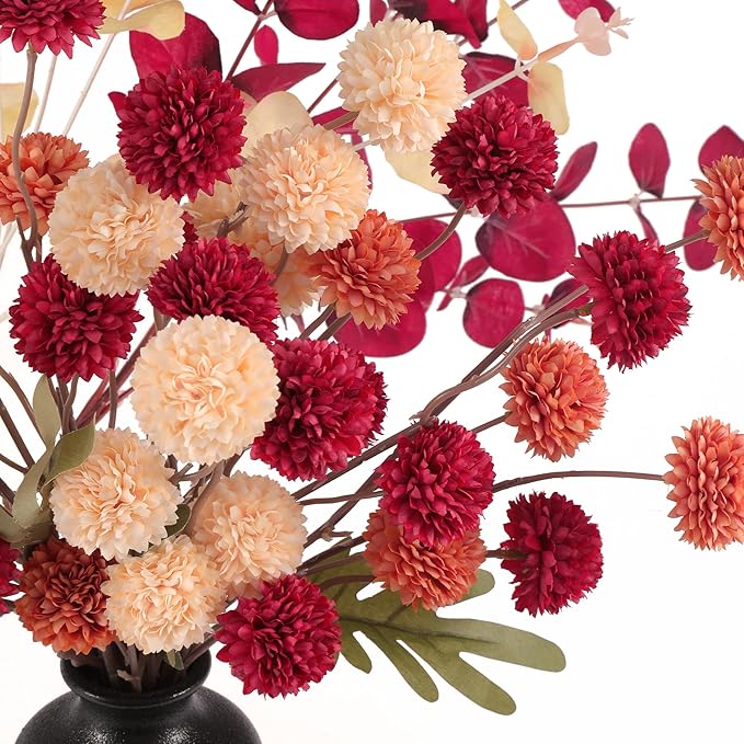 Faux Kiku Flowers Fall 10 Stems & 2 Eucalyptus, Fake Mums Pompon Flower Ball, Autumn Burnt Orange Artificial Chrysanthemums Flowers for Boho Decor, Mini Faux Kiku Flower Wedding Arrangements Decor