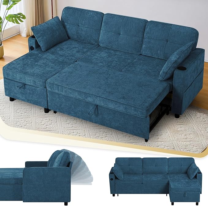 84 Inches Chenille Sectional Sofa w/Pull-Out Sofa Bed & Adjustable Back, Tufted L-Shaped Couch w/Storage Chaise, Sleeper Sectional Sofa w/USB Port & Cup Holders for Living Room, Blue
