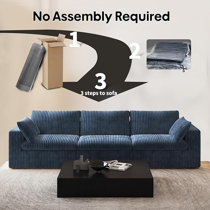 118" 3-Seater Cloud Sofa,Modular Sectional Couch,Modern Deep Seat Upholstered Couches with Plush Corduroy Fabric for Living Room Furniture,Bedroom and Apartment,No Assembly Required,Blue
