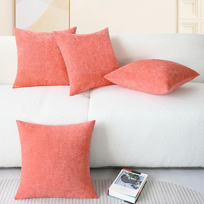 CaliTime Throw Pillow Covers Decorative 18 X 18 Inches Pack of 4 Cozy Chenille Cushion Cases for Couch Sofa Bed Living Room Home Living Coral