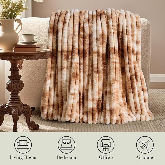 Amélie Home Faux Fur Throw Blanket for Couch, Cozy Fuzzy Fluffy Fur Luxurious Soft Striped Plush Gift Blankets for Family Sofa Chair Bed Living Room Bedroom, 55"x70", Tie-dye Khaki