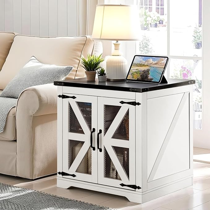 Farmhouse End Table, 24" Large Sofa Side Table with Charging Station, Mesh Barn Door, White Nightstand with Adjustable Storage Shelf, Square Nightstand for Living Room, Bedroom, Office